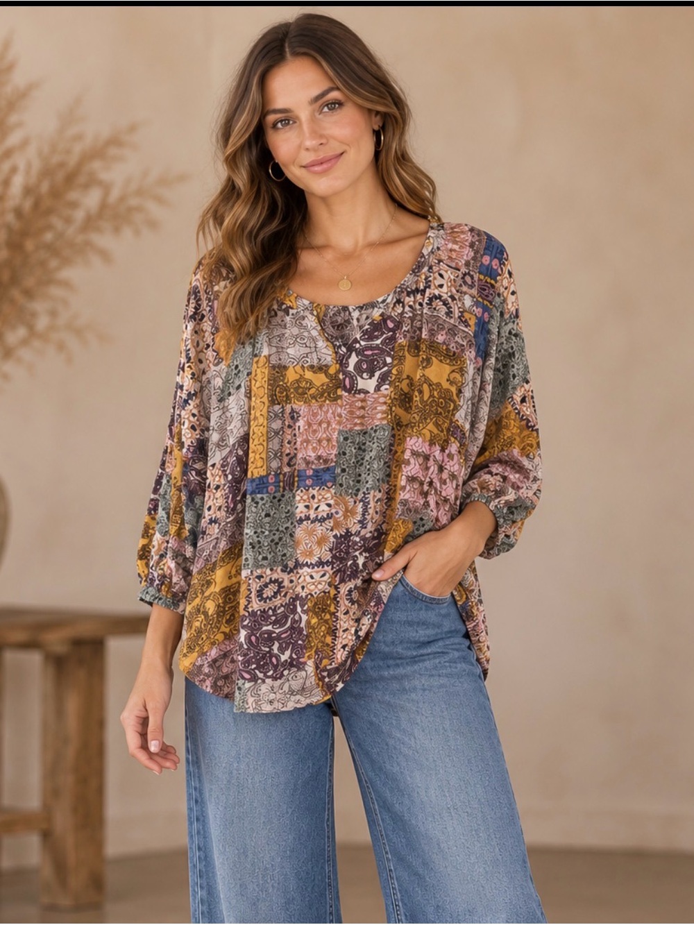 Umgee Patchwork Print Boho Blouse (080409) 🌼 ☮️